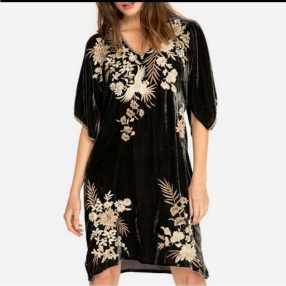 Johnny Was Othilia Embroidered Silk Velvet Kimono Sleeve Dress Gray Sz S - Picture 3 of 15